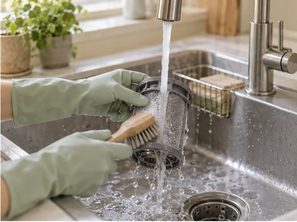 분리한 식기세척기 필터를 싱크대의 흐르는 물 아래에서 부드러운 솔로 닦는 모습