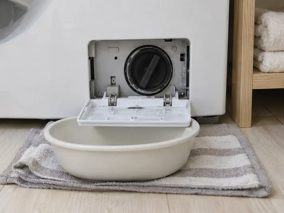세탁기 아래 배수필터 덮개를 열고 낮은 대야로 남은 물을 받을 준비를 한 모습